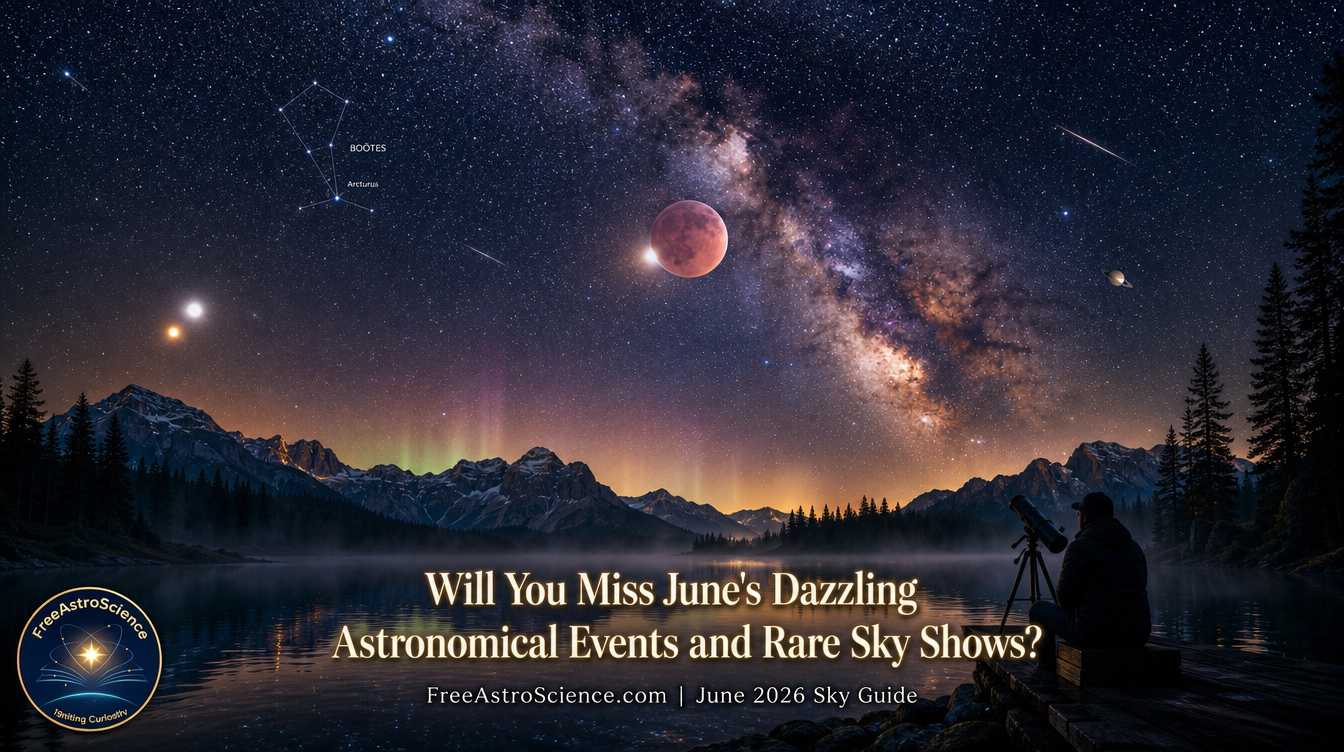Milky Way galaxy, red Strawberry Moon, Venus-Jupiter conjunction, and Boötes constellation over a mountain lake with a stargazer using a telescope.
