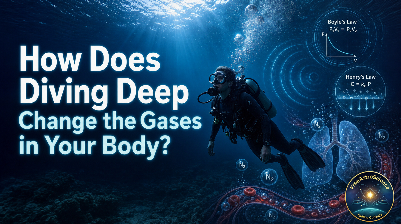 Scuba diver underwater with Boyle’s Law, Henry’s Law, nitrogen bubbles and lungs showing how deep diving changes body gases.