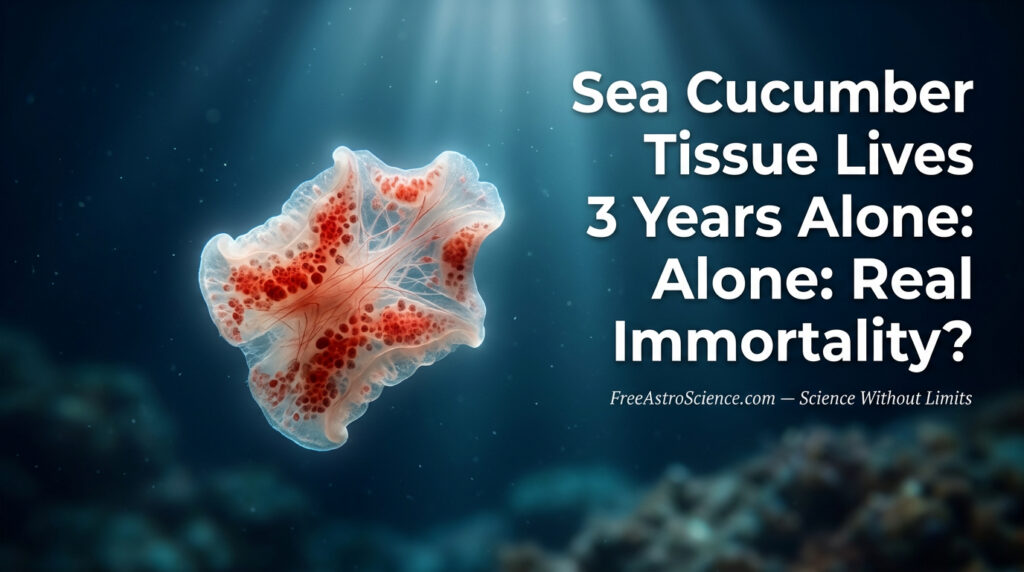 Translucent sea cucumber tissue fragment with red pigmented cells floating in deep blue seawater illuminated by light rays