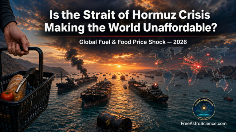 Stranded oil tankers in the Strait of Hormuz at sunset with a grocery basket and fuel pump, illustrating the 2026 global fuel and food price crisis.