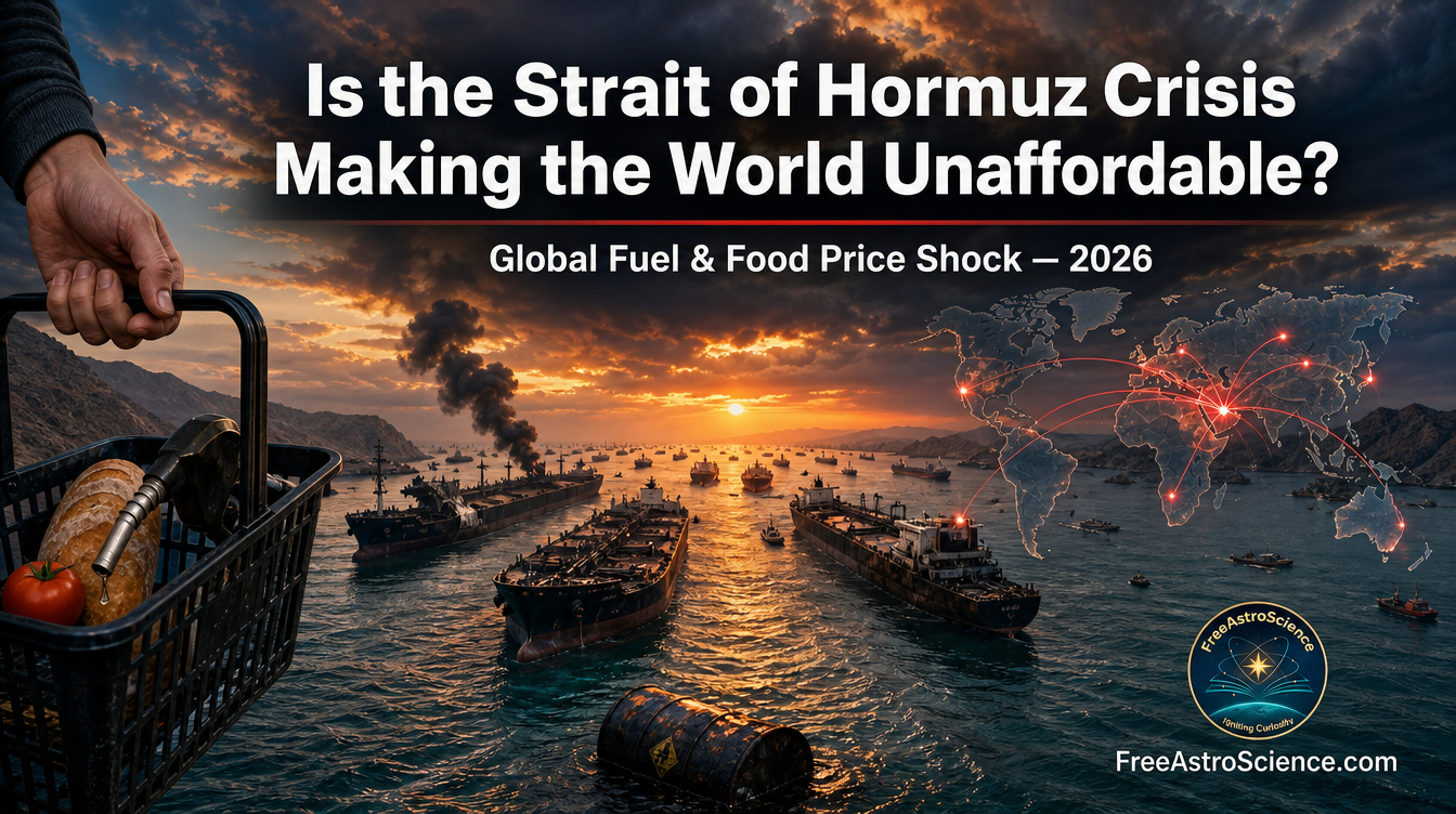 Stranded oil tankers in the Strait of Hormuz at sunset with a grocery basket and fuel pump, illustrating the 2026 global fuel and food price crisis.