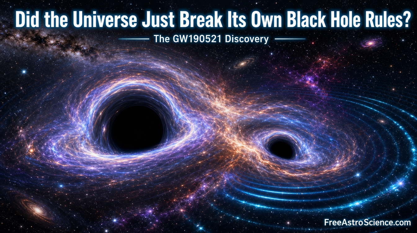 Two massive black holes merging with swirling blue and orange accretion disks and gravitational wave ripples – GW190521 event