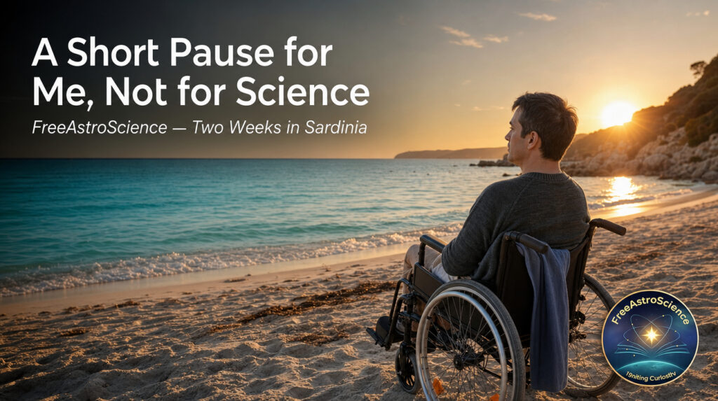 Man in wheelchair watching golden sunset over turquoise Sardinian beach, FreeAstroScience blog cover image
