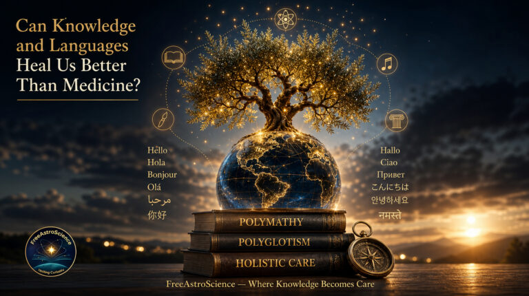 Glowing tree growing from a globe surrounded by greetings in twelve languages, symbolising polymathy, polyglotism, and holistic care.