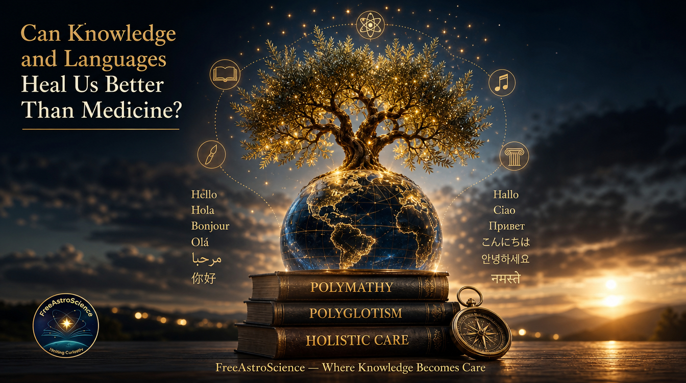 Glowing tree growing from a globe surrounded by greetings in twelve languages, symbolising polymathy, polyglotism, and holistic care.