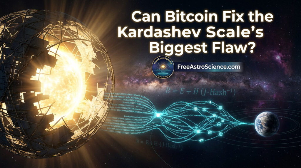 Half-built Dyson Sphere around a glowing star linked by Bitcoin hashrate data streams to Earth, illustrating the KarNak unit solving Kardashev's Conundrum.
