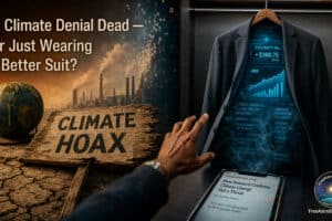 Broken “Climate Hoax” sign beside factories and a suit showing utility bills and jobs data, symbolizing modern climate misinformation.