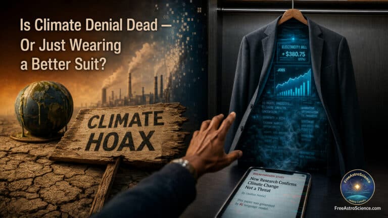 Broken “Climate Hoax” sign beside factories and a suit showing utility bills and jobs data, symbolizing modern climate misinformation.