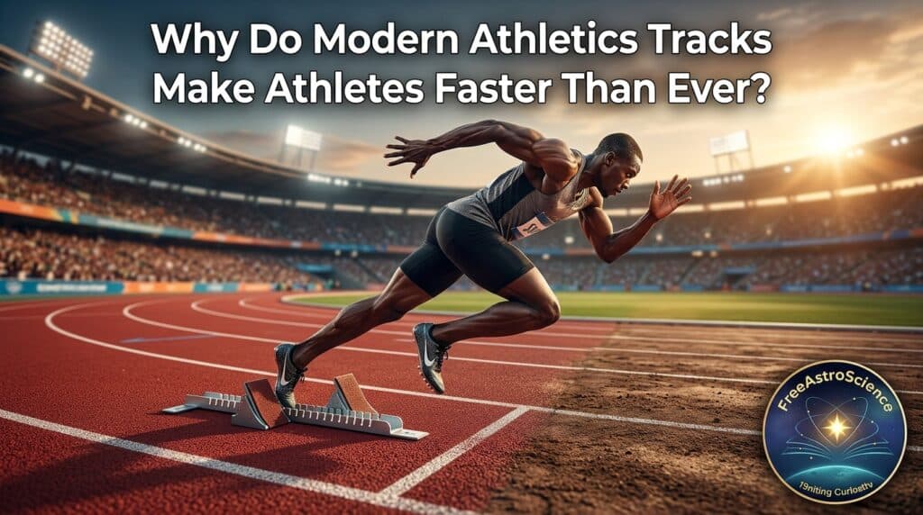 Sprinter leaving the blocks on a modern red track beside an old cinder lane, showing how synthetic athletics tracks improve speed
