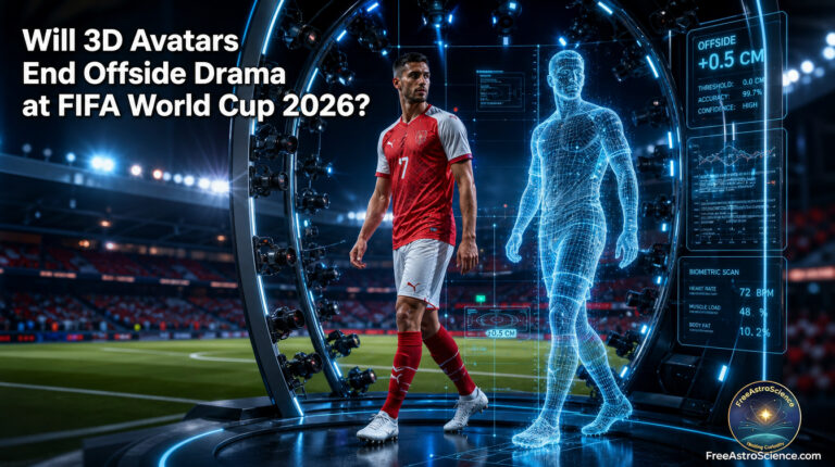 Soccer player inside Lenovo 3D scanning booth with holographic avatar twin for FIFA World Cup 2026 VAR offside system
