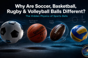 Soccer, basketball, rugby and volleyball balls side by side with Magnus effect equations and aerodynamic flow lines showing physics differences.