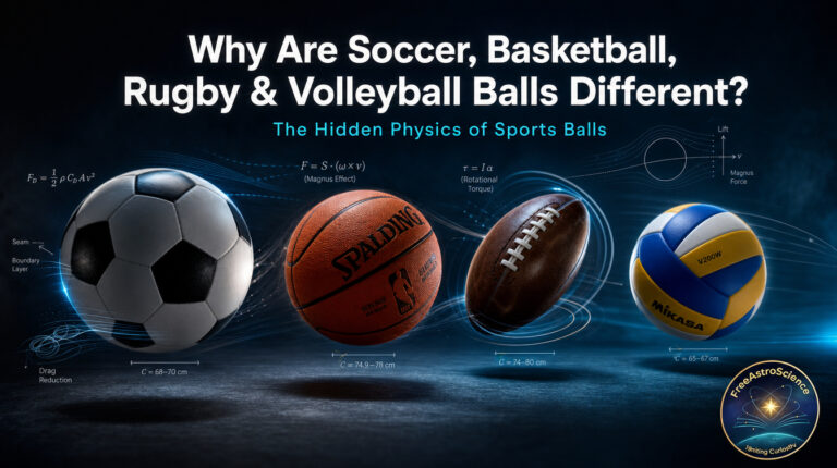 Soccer, basketball, rugby and volleyball balls side by side with Magnus effect equations and aerodynamic flow lines showing physics differences.