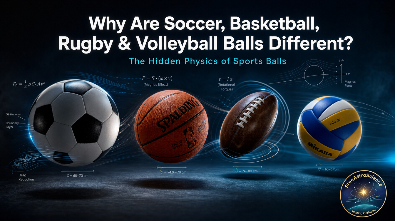 Soccer, basketball, rugby and volleyball balls side by side with Magnus effect equations and aerodynamic flow lines showing physics differences.