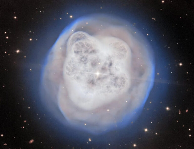 Crystal Ball Nebula NGC 1514, a glowing blue double-shell planetary nebula with lumpy inner gas clouds and a central binary star, captured by Gemini North.