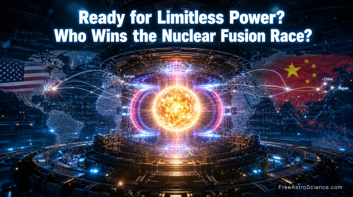 Glowing plasma star inside a tokamak fusion reactor with USA and China flags on a world map, symbolizing the global nuclear fusion energy race.