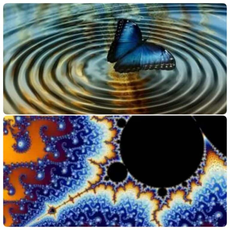 Blue butterfly creating water ripples above a colorful Mandelbrot fractal, illustrating chaos theory and hidden order