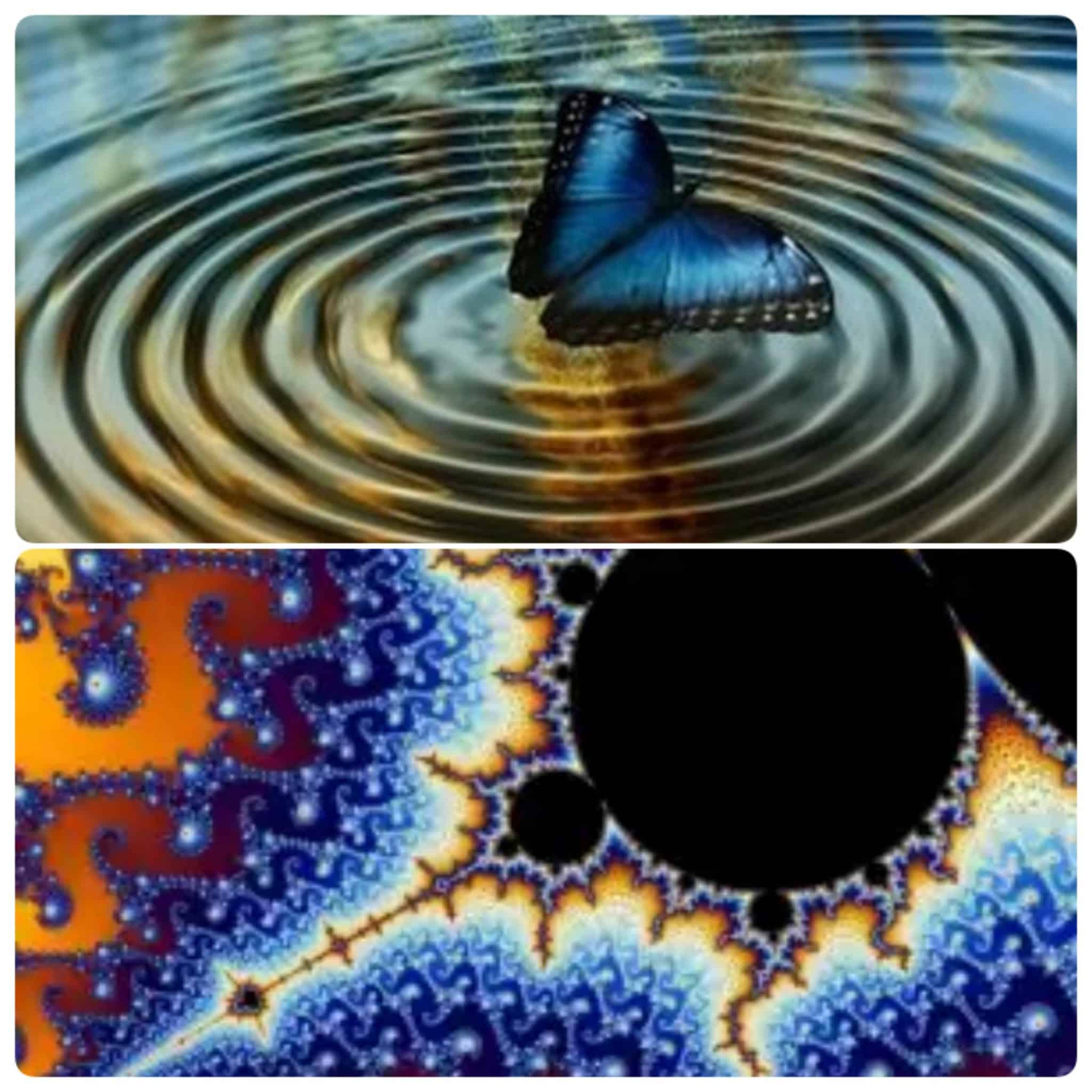 Blue butterfly creating water ripples above a colorful Mandelbrot fractal, illustrating chaos theory and hidden order