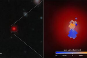James Webb telescope view of Little Red Dot QSO1A, with a gas-velocity map showing Keplerian rotation around its 50-million-solar-mass black hole.