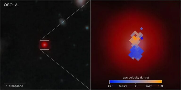 James Webb telescope view of Little Red Dot QSO1A, with a gas-velocity map showing Keplerian rotation around its 50-million-solar-mass black hole.