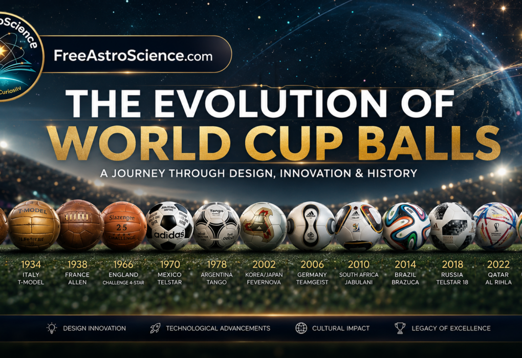 Timeline of FIFA World Cup soccer balls from the 1930 Tiento to the 2026 Trionda, showing design and material evolution on a stadium pitch.