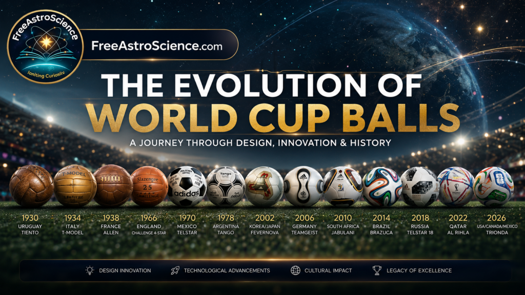 Timeline of FIFA World Cup soccer balls from the 1930 Tiento to the 2026 Trionda, showing design and material evolution on a stadium pitch.
