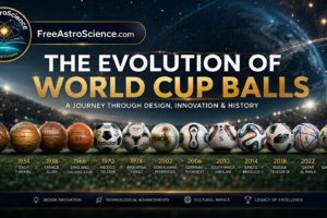 Timeline of FIFA World Cup soccer balls from the 1930 Tiento to the 2026 Trionda, showing design and material evolution on a stadium pitch.