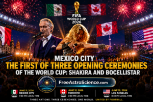 hakira and Andrea Bocelli on stage at the 2026 World Cup opening ceremony banner with Mexico, Canada and USA flags