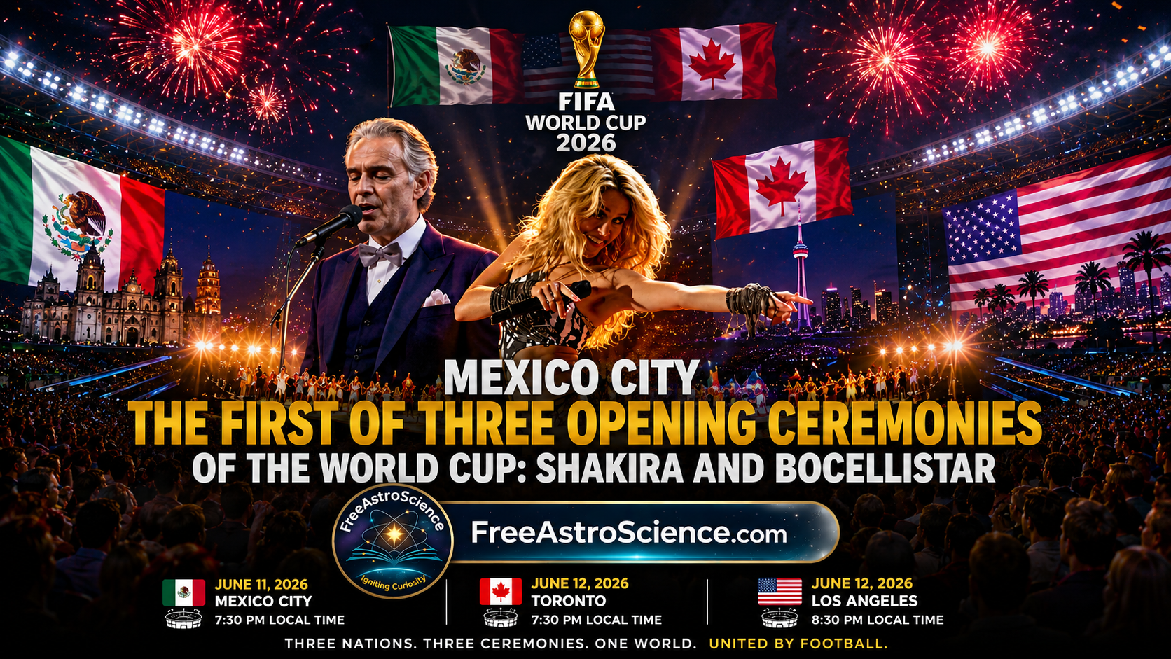 hakira and Andrea Bocelli on stage at the 2026 World Cup opening ceremony banner with Mexico, Canada and USA flags