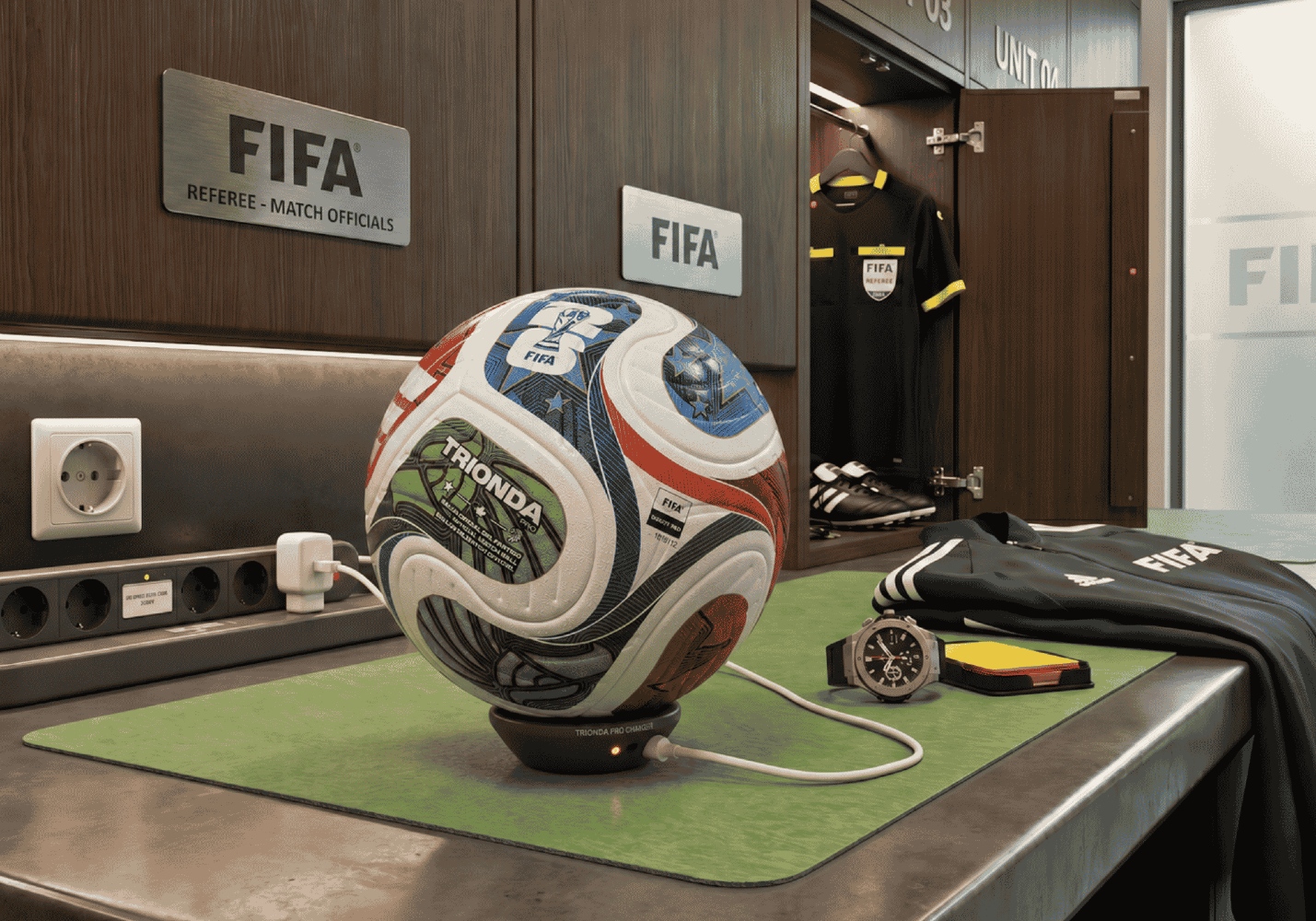 Adidas Trionda 2026 World Cup ball charging on a base in a FIFA referee locker room, beside a referee shirt, watch, and yellow card