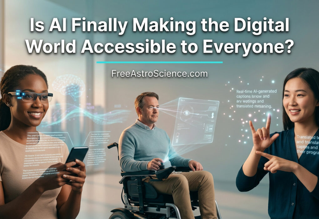 Diverse people using AI accessibility tools including smart glasses, eye-tracking, and real-time captions in a futuristic setting