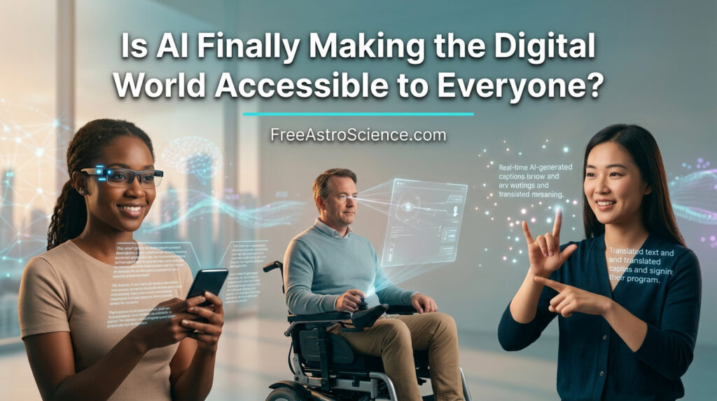 Diverse people using AI accessibility tools including smart glasses, eye-tracking, and real-time captions in a futuristic setting
