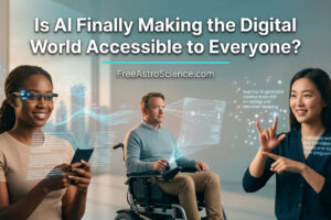 Diverse people using AI accessibility tools including smart glasses, eye-tracking, and real-time captions in a futuristic setting