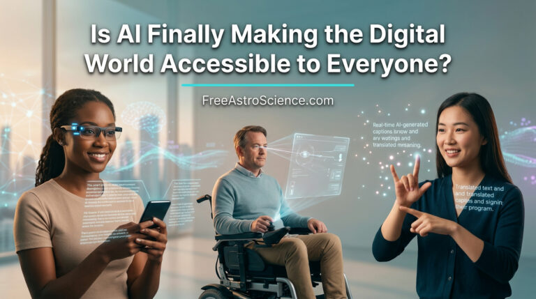 Diverse people using AI accessibility tools including smart glasses, eye-tracking, and real-time captions in a futuristic setting