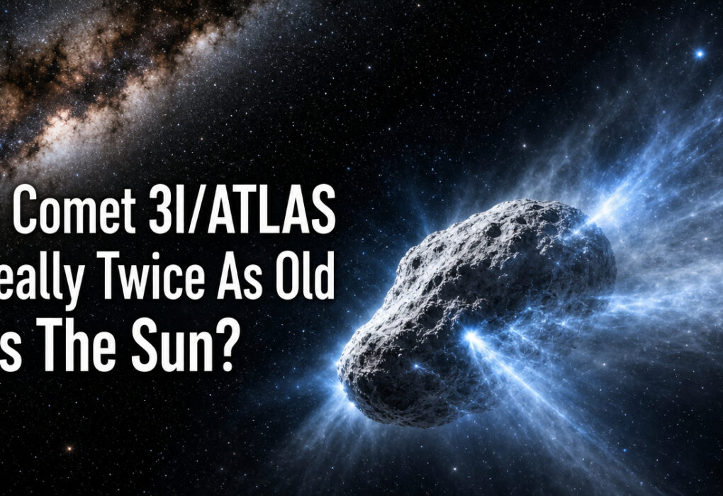 Ultra-realistic image of interstellar comet 3I/ATLAS, a cosmic fossil twice as old as the Sun, venting blue methane gas jets against the Milky Way.