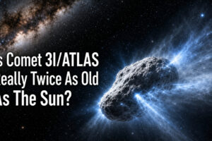 Ultra-realistic image of interstellar comet 3I/ATLAS, a cosmic fossil twice as old as the Sun, venting blue methane gas jets against the Milky Way.