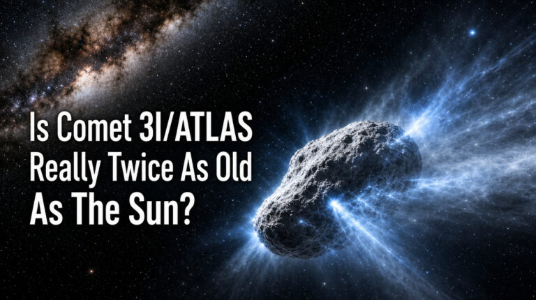 Ultra-realistic image of interstellar comet 3I/ATLAS, a cosmic fossil twice as old as the Sun, venting blue methane gas jets against the Milky Way.