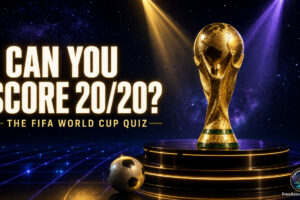 Golden World Cup trophy on a game-show stage under gold and violet spotlights with the title Can You Score 20/20 quiz cover.