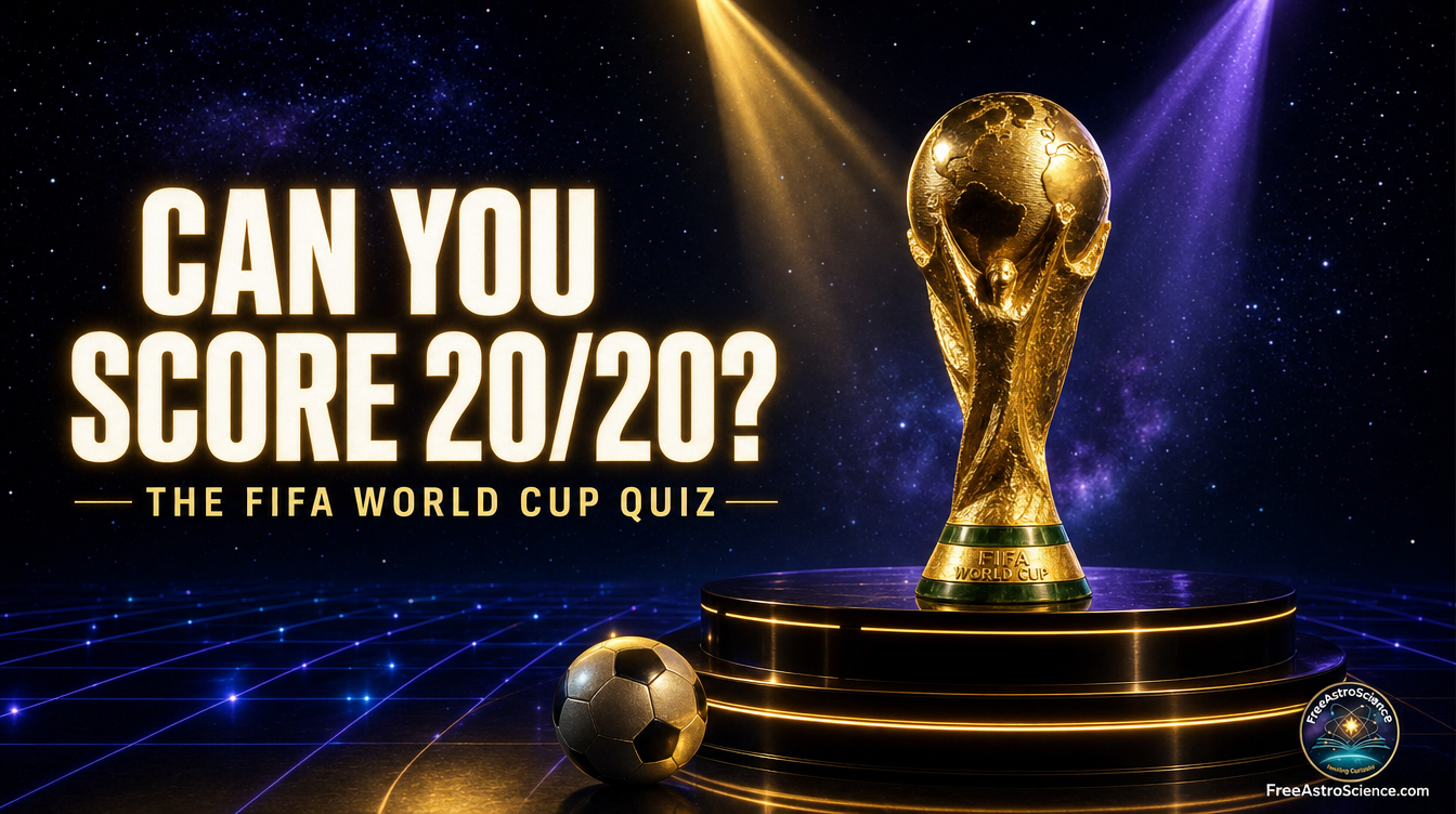 Golden World Cup trophy on a game-show stage under gold and violet spotlights with the title Can You Score 20/20 quiz cover.