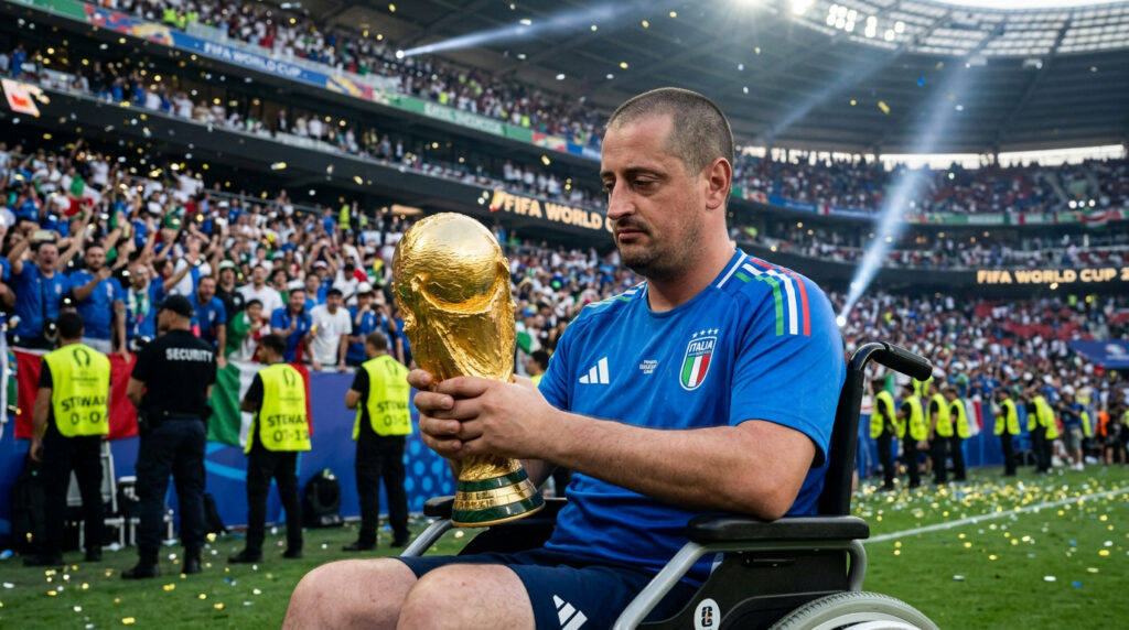 Man in Italy Azzurri jersey holds golden FIFA World Cup trophy from his wheelchair as fans wave Italian flags in the stadium behind him.