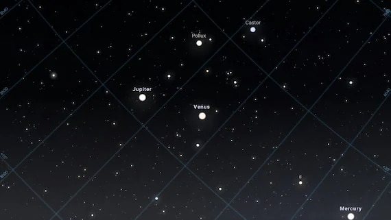 Sky map of the Jupiter-Venus celestial kiss on June 9, 2026, with Mercury near the horizon and the stars Castor and Pollux of Gemini visible to the right.