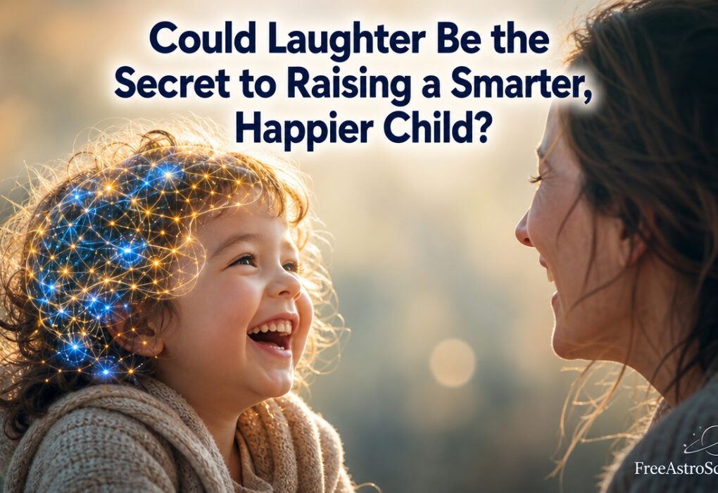 Smiling child laughing with parent, glowing neural network shows laughter boosting brain development and intelligence