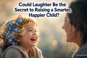 Smiling child laughing with parent, glowing neural network shows laughter boosting brain development and intelligence