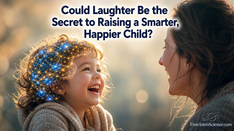 Smiling child laughing with parent, glowing neural network shows laughter boosting brain development and intelligence