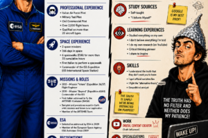 Comparative infographic of ESA astronaut Luca Parmitano, Artemis III mission pilot, beside a social-media conspiracy theorist wearing a tinfoil hat.
