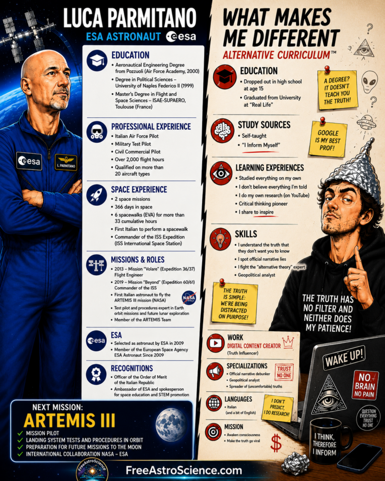 Comparative infographic of ESA astronaut Luca Parmitano, Artemis III mission pilot, beside a social-media conspiracy theorist wearing a tinfoil hat.