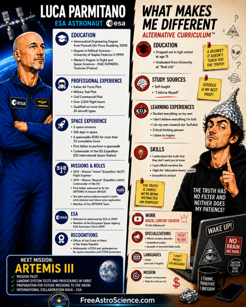 Comparative infographic of ESA astronaut Luca Parmitano, Artemis III mission pilot, beside a social-media conspiracy theorist wearing a tinfoil hat.