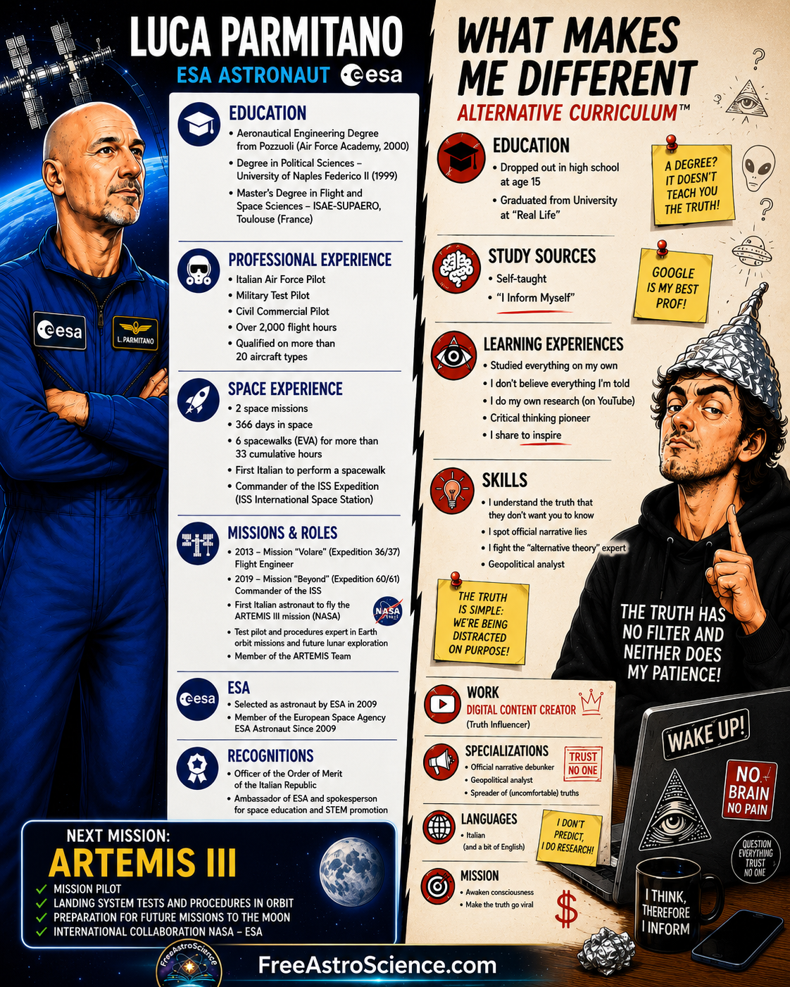 Comparative infographic of ESA astronaut Luca Parmitano, Artemis III mission pilot, beside a social-media conspiracy theorist wearing a tinfoil hat.