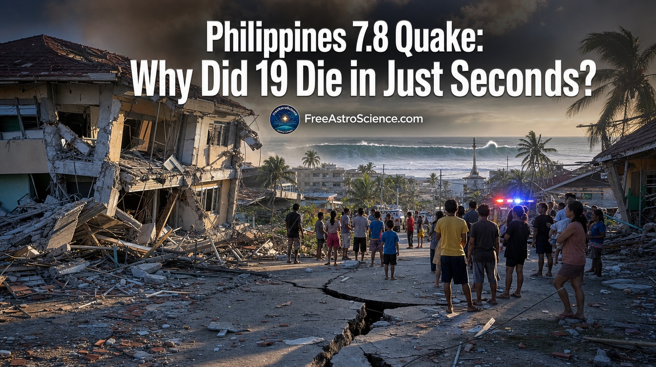 Aftermath of the 7.8 magnitude earthquake in Mindanao, Philippines, June 8, 2026, with collapsed building and tsunami forming on the horizon