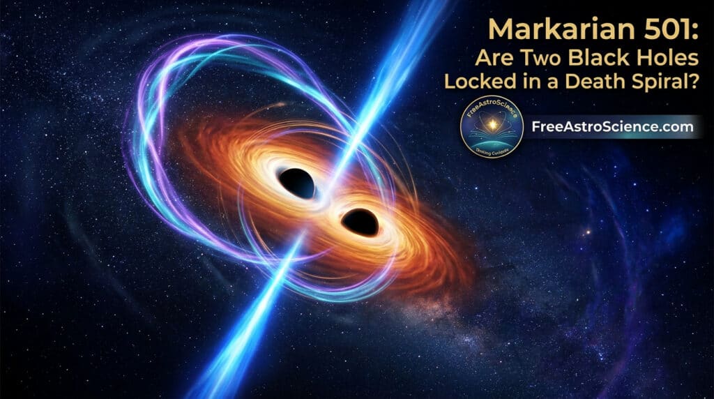Two supermassive black holes orbiting in Markarian 501 with twin blue plasma jets and a violet Einstein ring formed by gravitational lensing.
