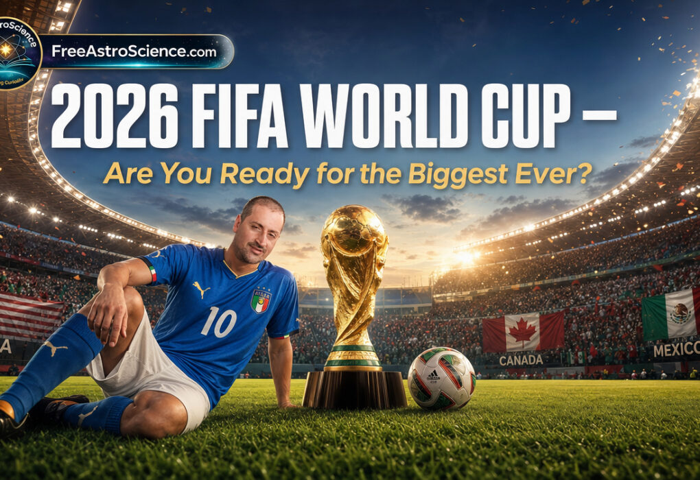 2026 FIFA World Cup trophy beside a footballer in a blue number 10 jersey on stadium grass, with USA, Canada and Mexico flags in a packed arena